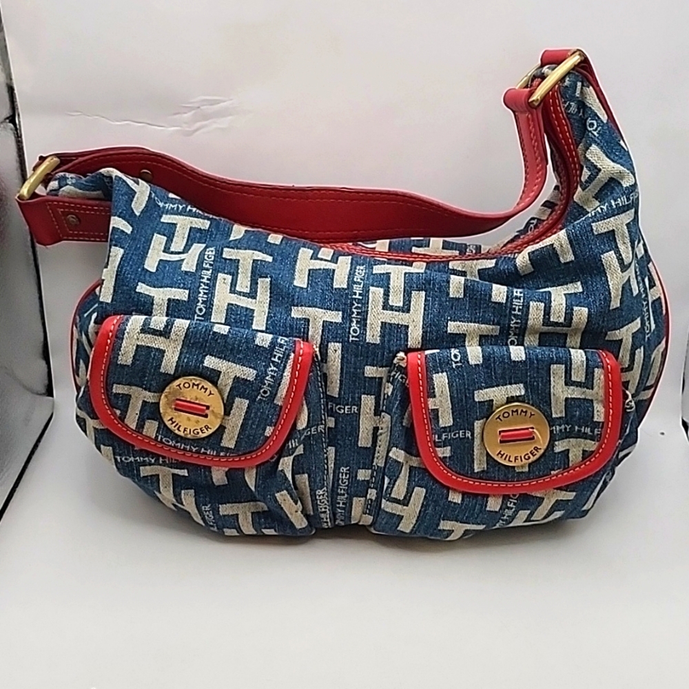 Vintage Tommy Hilfiger Denim Hobo Bag w/ Red Leather Trim & Handle